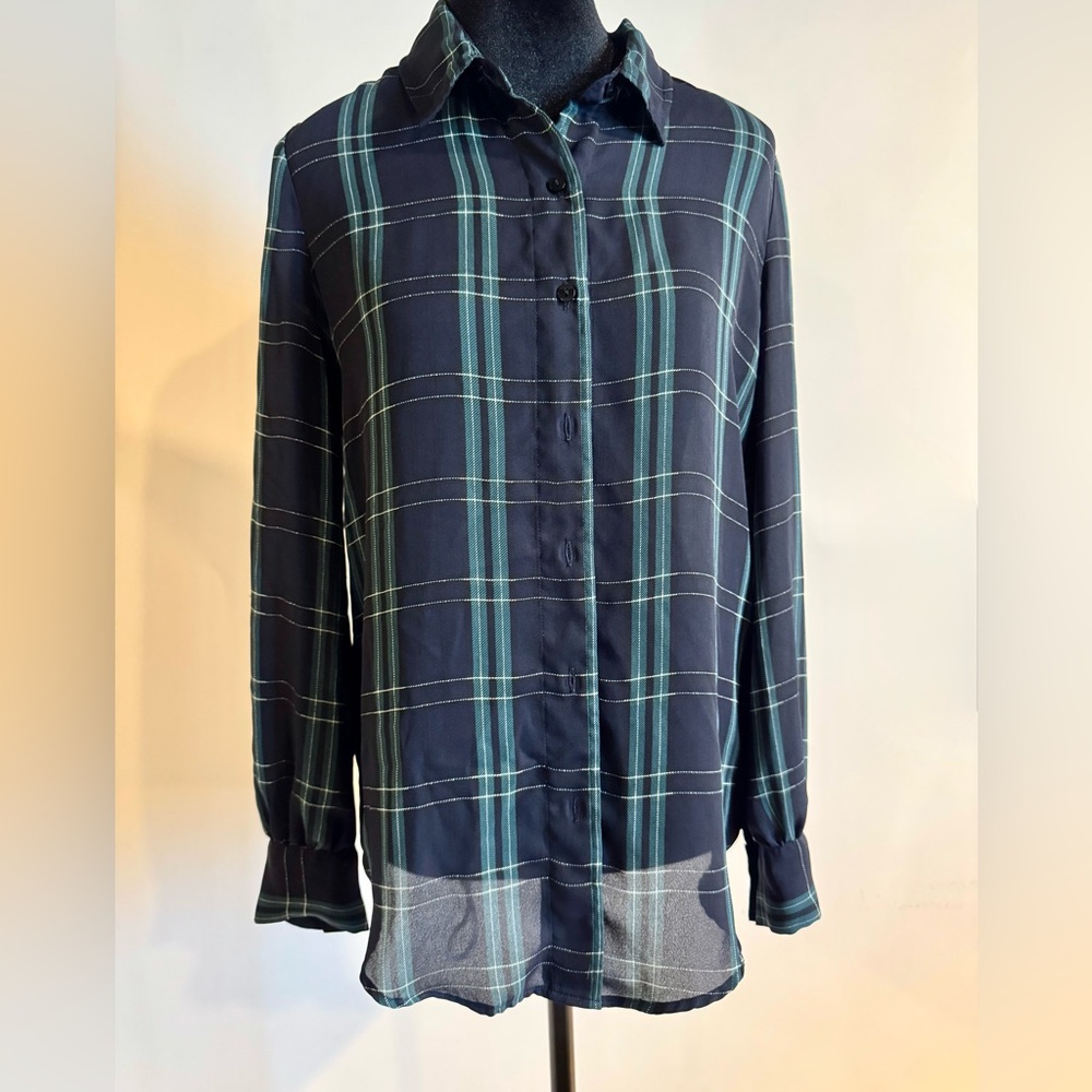 1 State Sheer Long Sleeve Plaid Blouse Size S